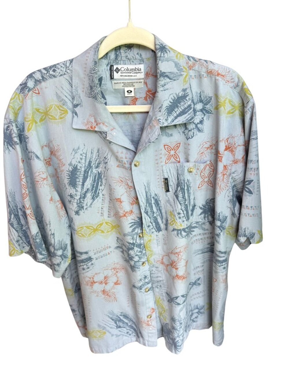 Columbia Mens Sz M Tropical Hawaiian Camp Shirt Blue Viscose Short Sleeve Resort